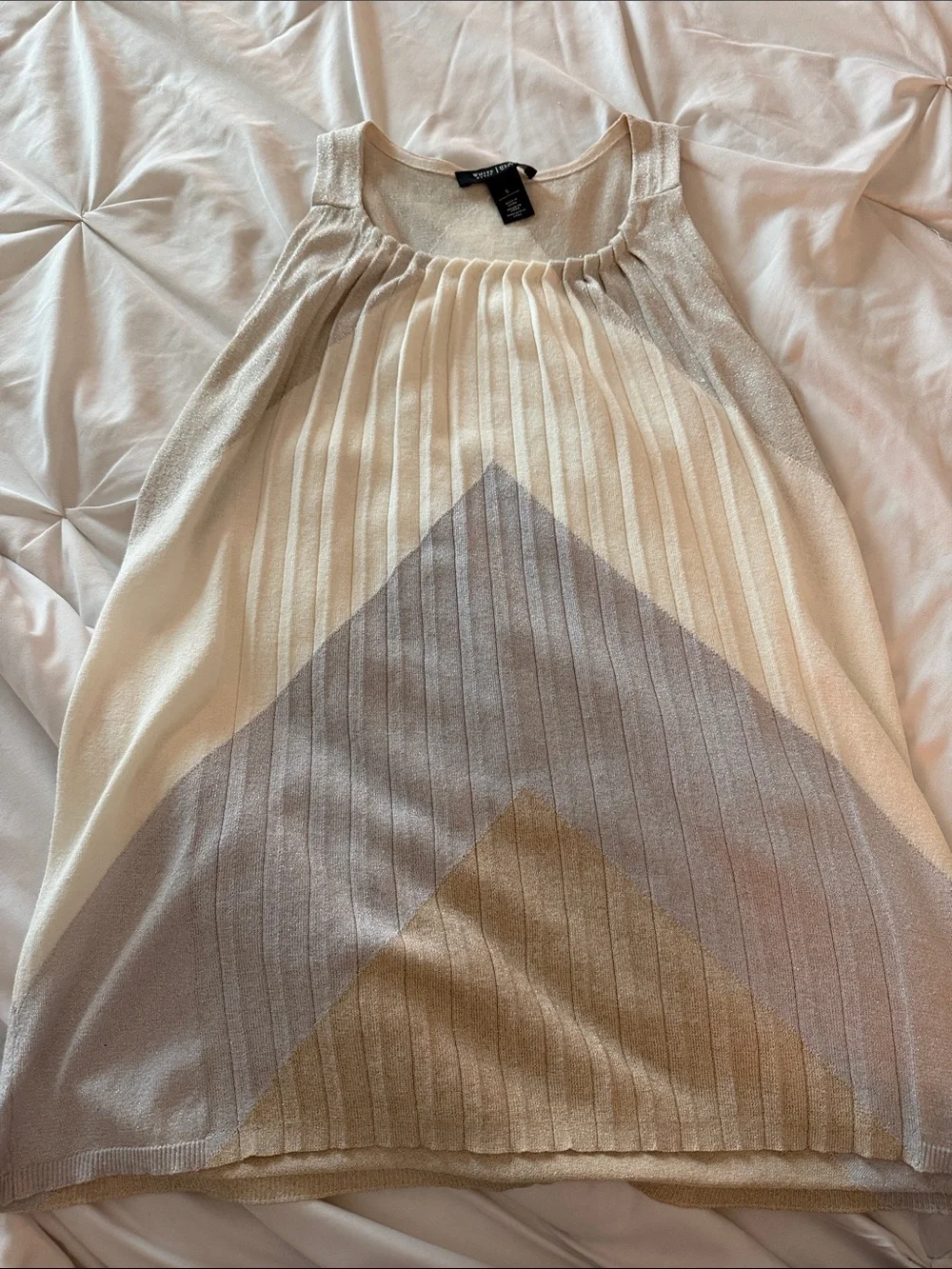 White House Black Market Cream, Silver & Gold Chevron Pleated Tank
